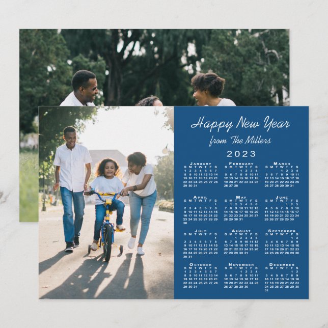 2023 Calendar Modern Blue 2 Photo Happy New Year Holiday Card (Front/Back)