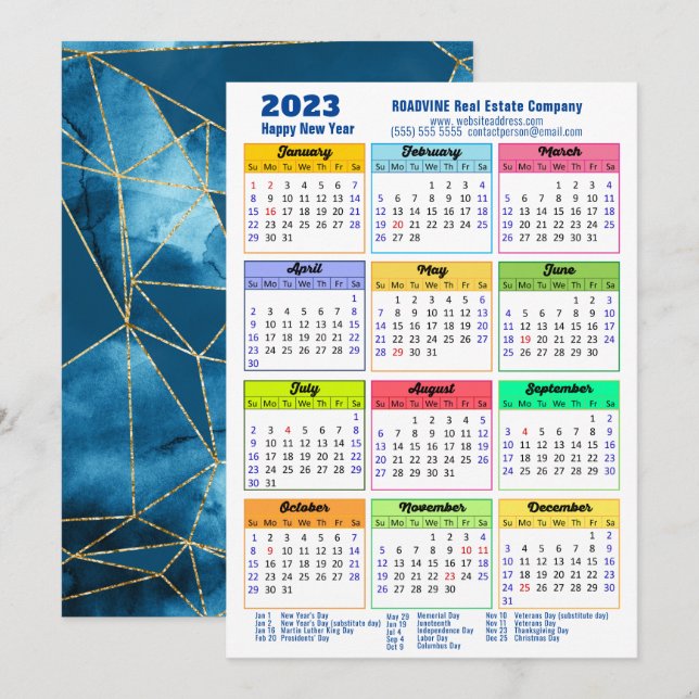 2023 Calendar Modern Geometric Blue Business Holiday Card (Front/Back)