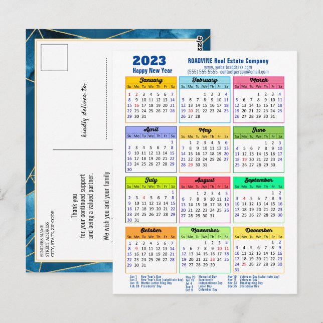 2023 Calendar Modern Geometric Blue Business Postcard (Front/Back)