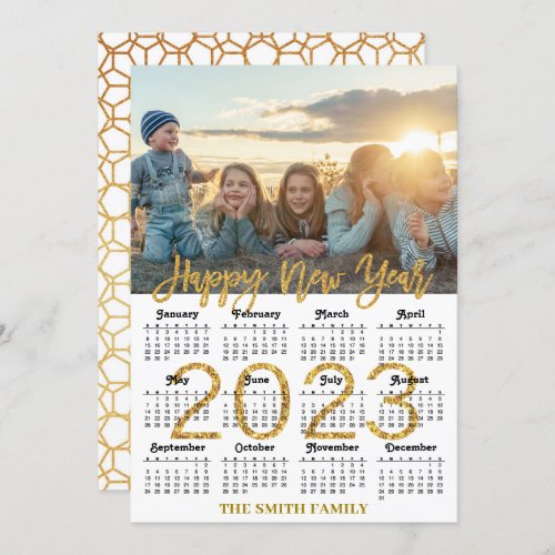 2023 Calendar Modern Gold Glitter Script Photo Holiday Card