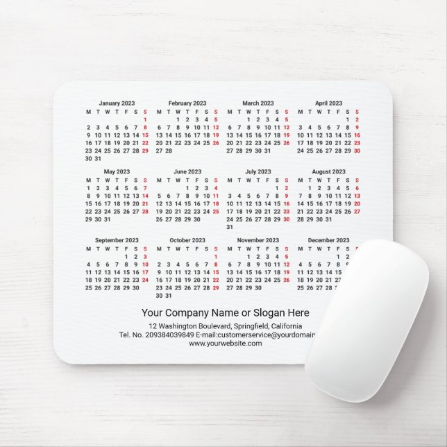 2023 Calendar MONDAY START White Minimalist Mouse Pad (With Mouse)