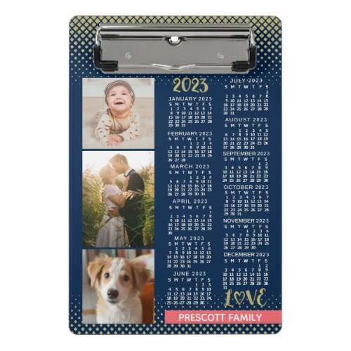 2023 Calendar Navy Coral Gold Family Photo Collage Mini Clipboard