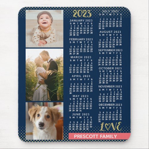 2023 Calendar Navy Coral Gold Family Photo Collage Mouse Pad