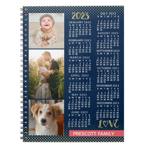 2023 Calendar Navy Coral Gold Family Photo Collage Notebook