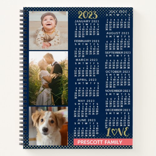 2023 Calendar Navy Coral Gold Family Photo Collage Notebook