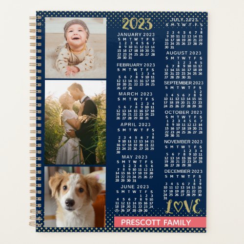2023 Calendar Navy Coral Gold Family Photo Collage Planner