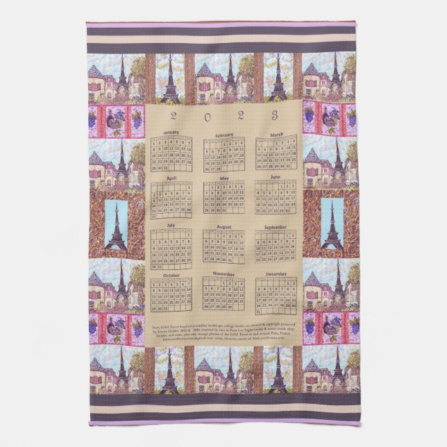 2023 Calendar Paris Eiffel Tower Pointillism Art Kitchen Towel (Vertical)