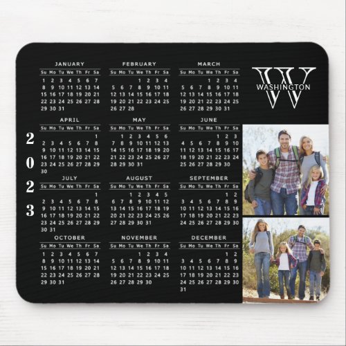 2023 Calendar Photo Black White Monogrammed Mouse Pad