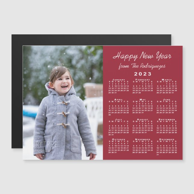 2023 Calendar Photo Happy New Year Burgundy Magnet (Front/Back)