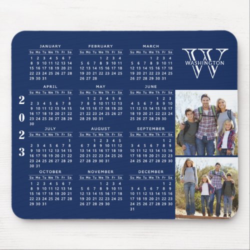 2023 Calendar Photo Navy Blue Monogrammed  Mouse Pad