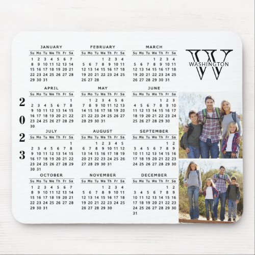 2023 Calendar Photo White Black Monogrammed Mouse Pad