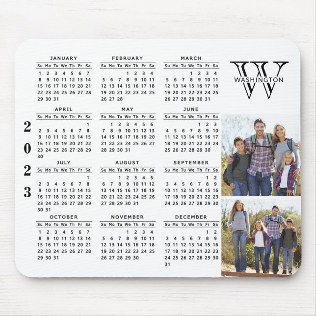 2023 Calendar Photo White Black Monogrammed Mouse Pad (Front)