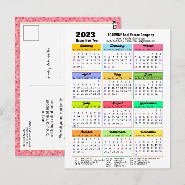 2023 Calendar Pink Glitter Modern Script Business Postcard (Front/Back)