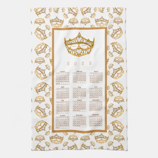 2023 Calendar Queen of Hearts Gold Crown Tiaras Kitchen Towel (Vertical)