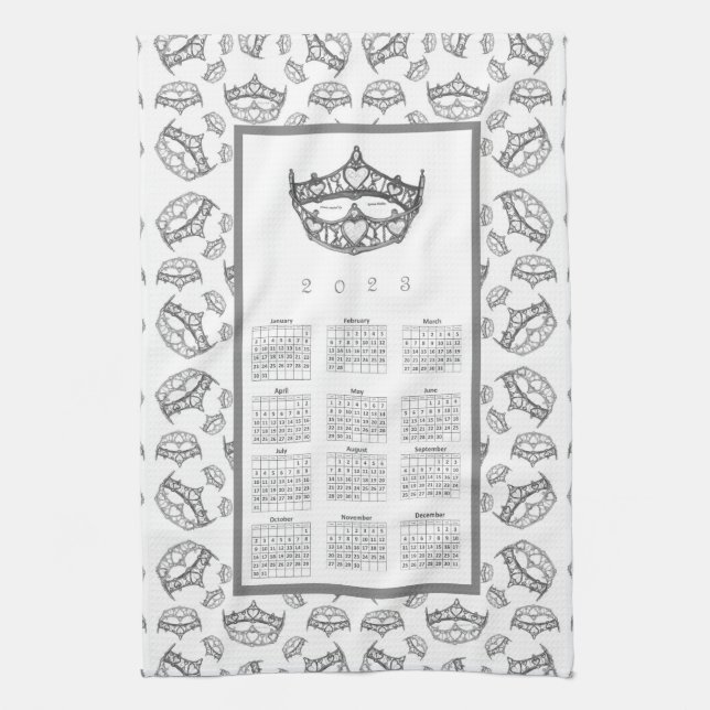 2023 Calendar Queen of Hearts Silver Crown Tiaras Kitchen Towel (Vertical)
