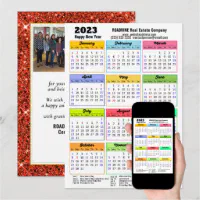 2023 Calendar Red Glitter Modern Business Photo Holiday Card | Zazzle