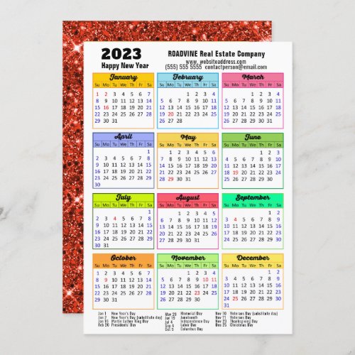 2023 Calendar Red Glitter Modern Business Photo Holiday Card