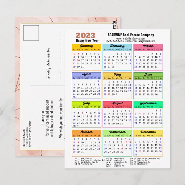 2023 Calendar Rose Gold Stripes Modern Corporate Postcard (Front/Back)