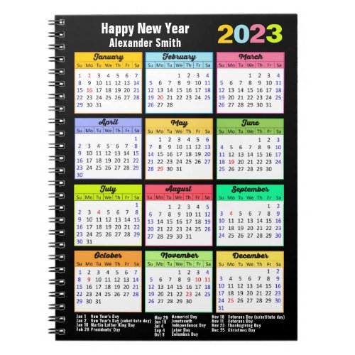 2023 Calendar with Holidays Yearly Modern Custom Notebook