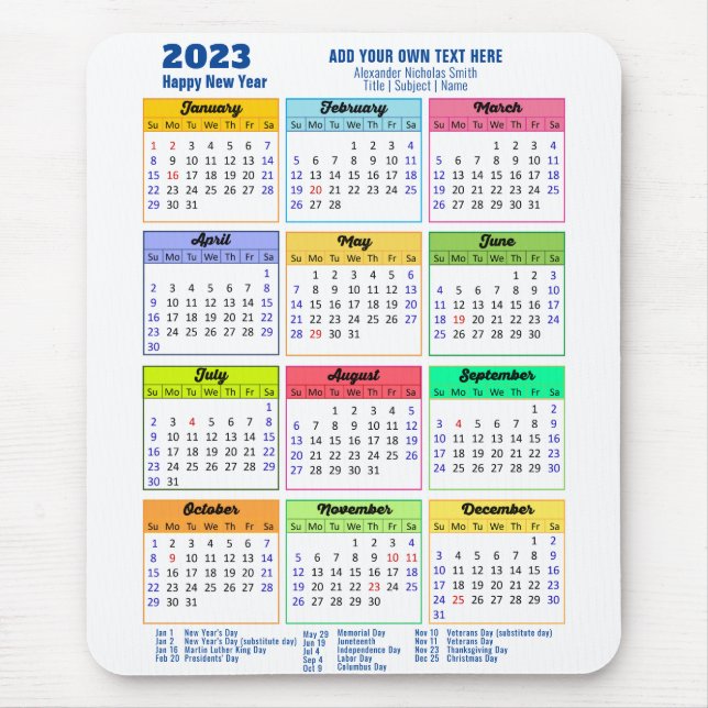 2023 Calendar with Public Holidays Modern Blue Mouse Pad (Front)