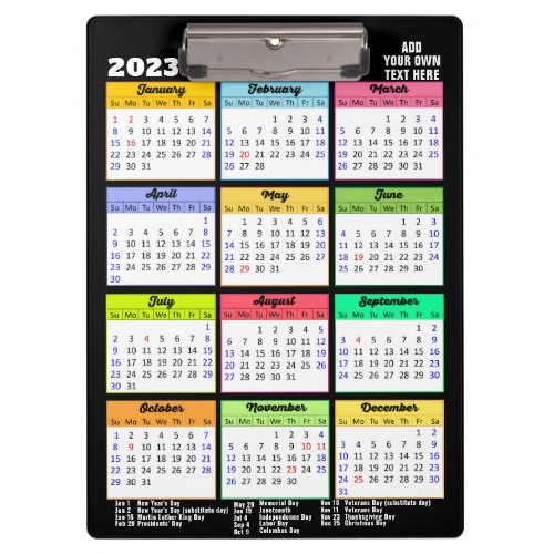 2023 Calendar with Public Holidays Modern Colorful Clipboard