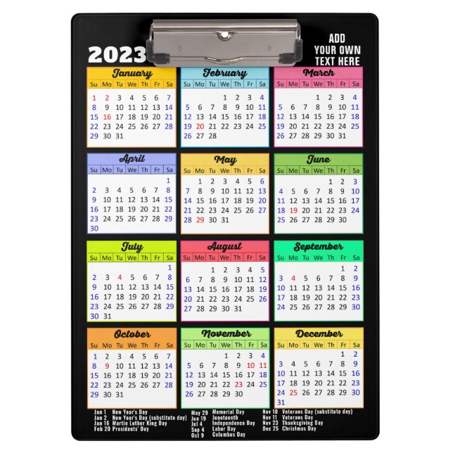 2023 Calendar with Public Holidays Modern Colorful Clipboard (Front)