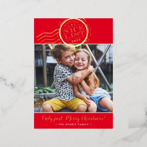 2023 CHRISTMAS PHOTO cute kids Nice List stamp red Foil Holiday Card