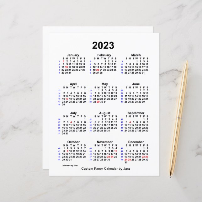 2023 Custom Holiday 52 Week Calendar by Janz  (Front/Back In Situ)