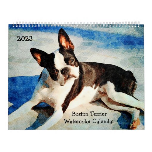 2023 Cute Boston Terrier Dogs Watercolor Painting Calendar