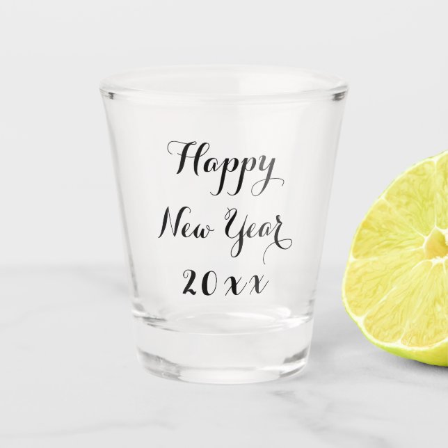 2023 Elegant Script Happy New Year Party Whiskey Shot Glass (Front)