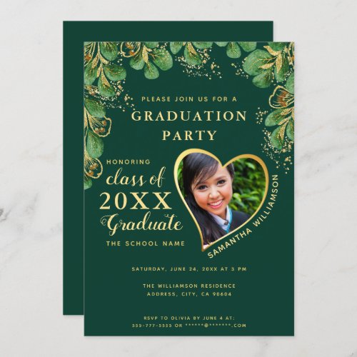 2023 Emerald Green  Gold Greenery Graduation Invitation