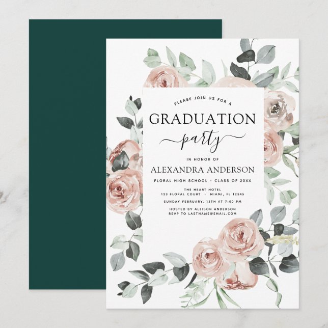 2023 Emerald Green Graduation Floral Greenery Invitation (Front/Back)