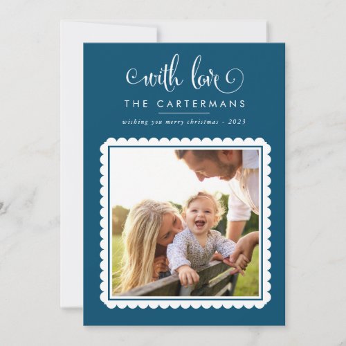 2023 FAMILY PHOTO cute elegant scallop blue white Holiday Card