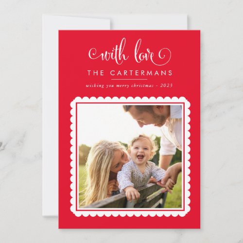 2023 FAMILY PHOTO cute elegant scallop frame red Holiday Card