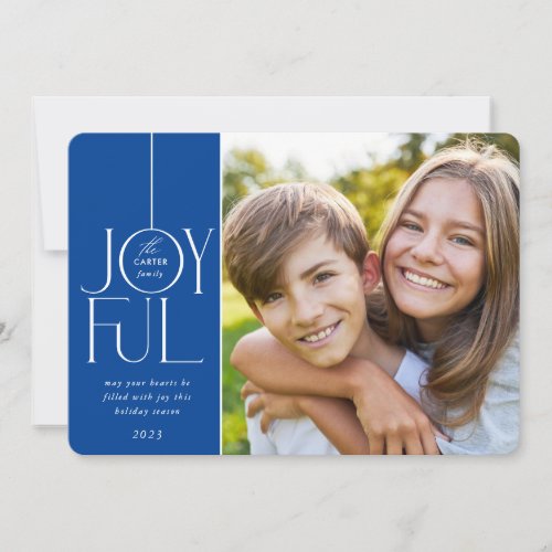 2023 FAMILY PHOTO elegant type modern JOYFUL blue Holiday Card
