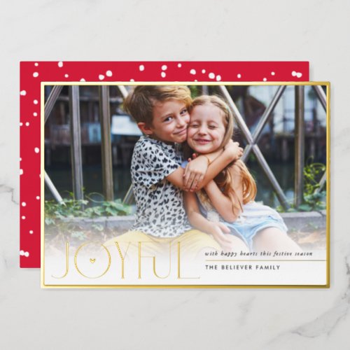 2023 FAMILY PHOTO modern kids JOYFUL heart red Foil Holiday Card