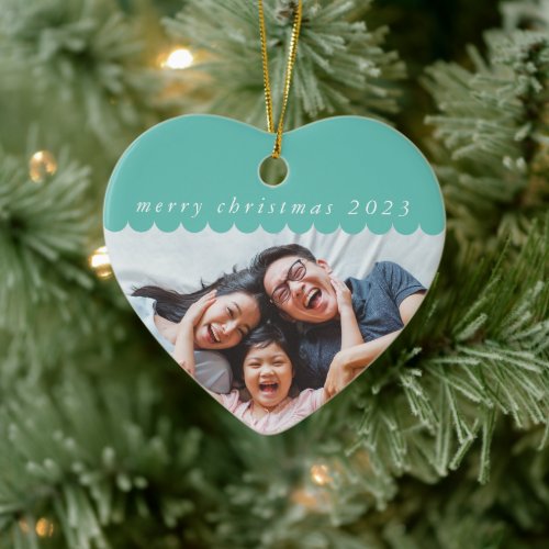 2023 FAMILY PHOTO simple cute scallop edge mint Ceramic Ornament