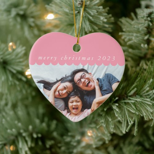 2023 FAMILY PHOTO simple cute scallop edge pink Ceramic Ornament