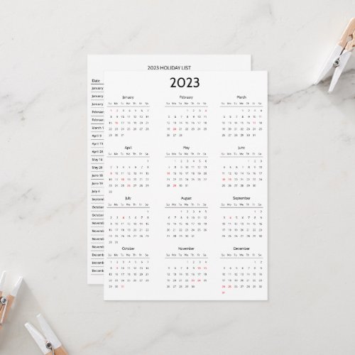 2023 Full Year at a Glance Holidays Mini Calendar Invitation