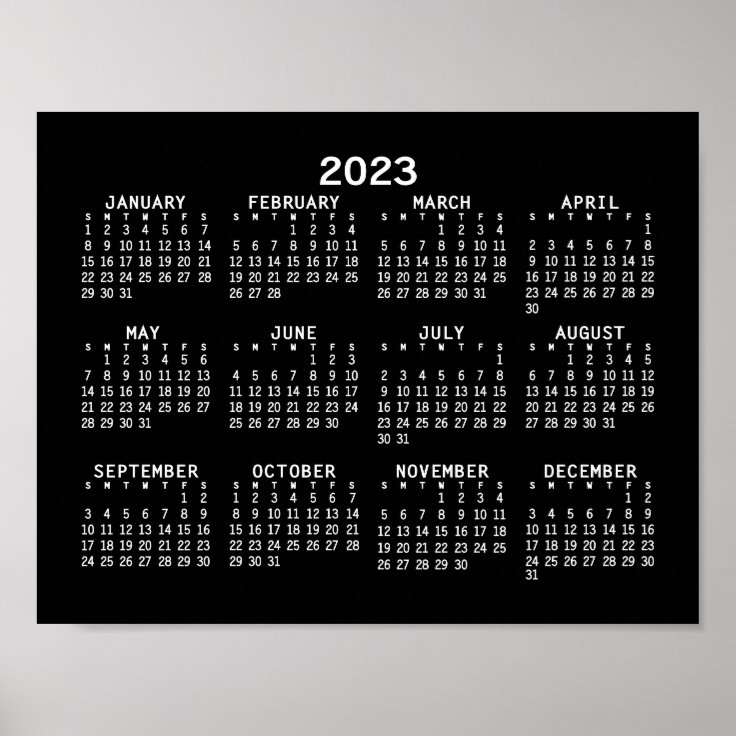 2023 Full Year View Calendar - horizontal - Black Poster | Zazzle 2023 Full Year View Calendar - horizontal - Black Poster | Zazzle