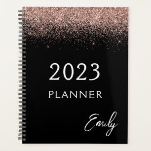 2023 Girly Black Rose Gold Blush Pink Glitter Planner