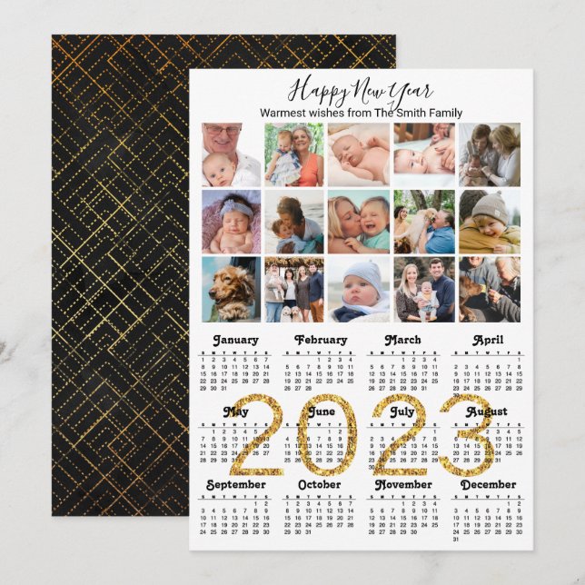 2023 Gold Script Calendar Photo Collage Modern   Holiday Card (Front/Back)