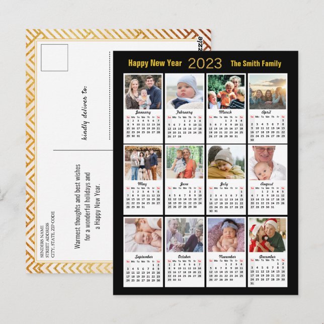 2023 Gold Script Modern Family 12 Photo Calendar Postcard (Front/Back)