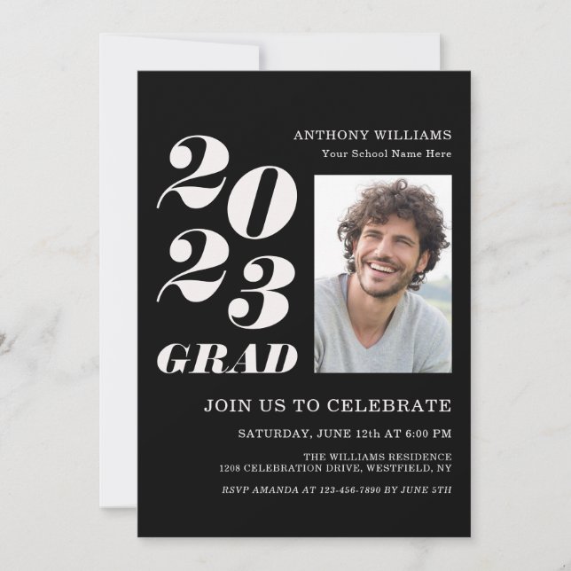 2023 Grad Party Bold Text on Black with Your Photo Invitation (Front)