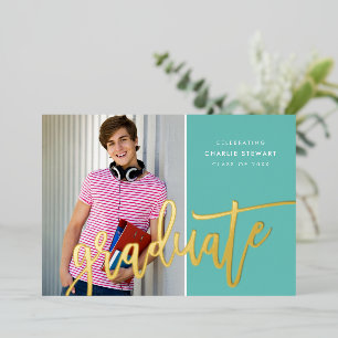 2023 GRAD photo modern calligraphy fun teal foil Foil Invitation