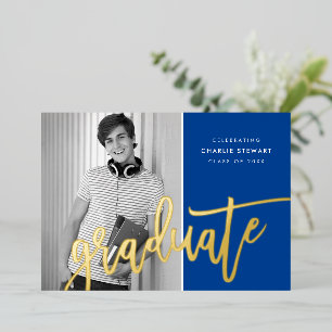 2023 GRAD photo modern calligraphy royal blue gold Foil Invitation