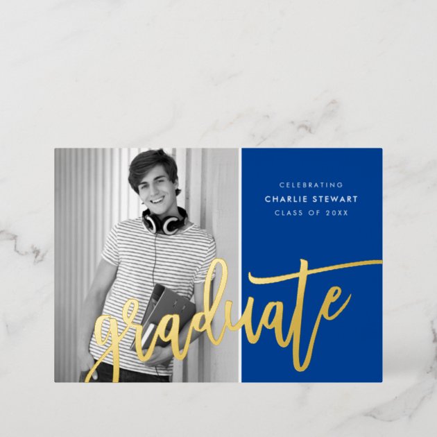 2023 GRAD Photo Modern Calligraphy Royal Blue Gold Foil Invitation | Zazzle