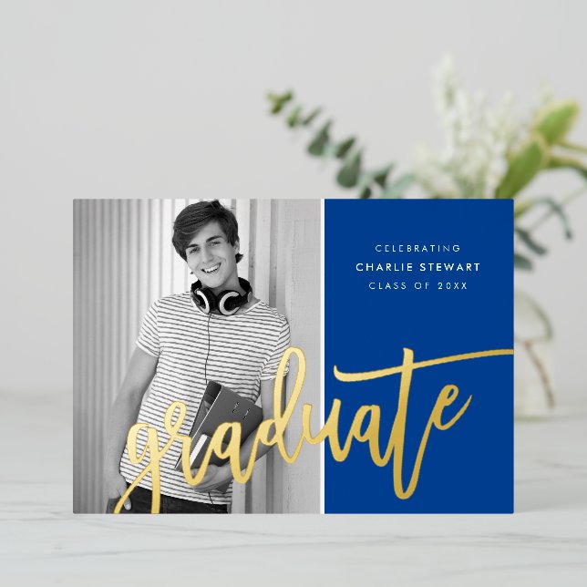 2023 GRAD photo modern calligraphy royal blue gold Foil Invitation (Standing Front)