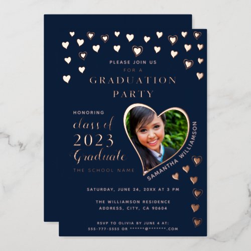 2023 Graduate Navy Blue  Rose Gold Graduation Foil Invitation