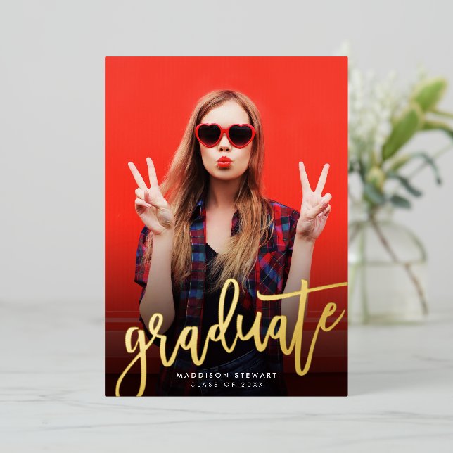 2023 GRADUATE photo modern minimal script gold Foil Invitation (Standing Front)